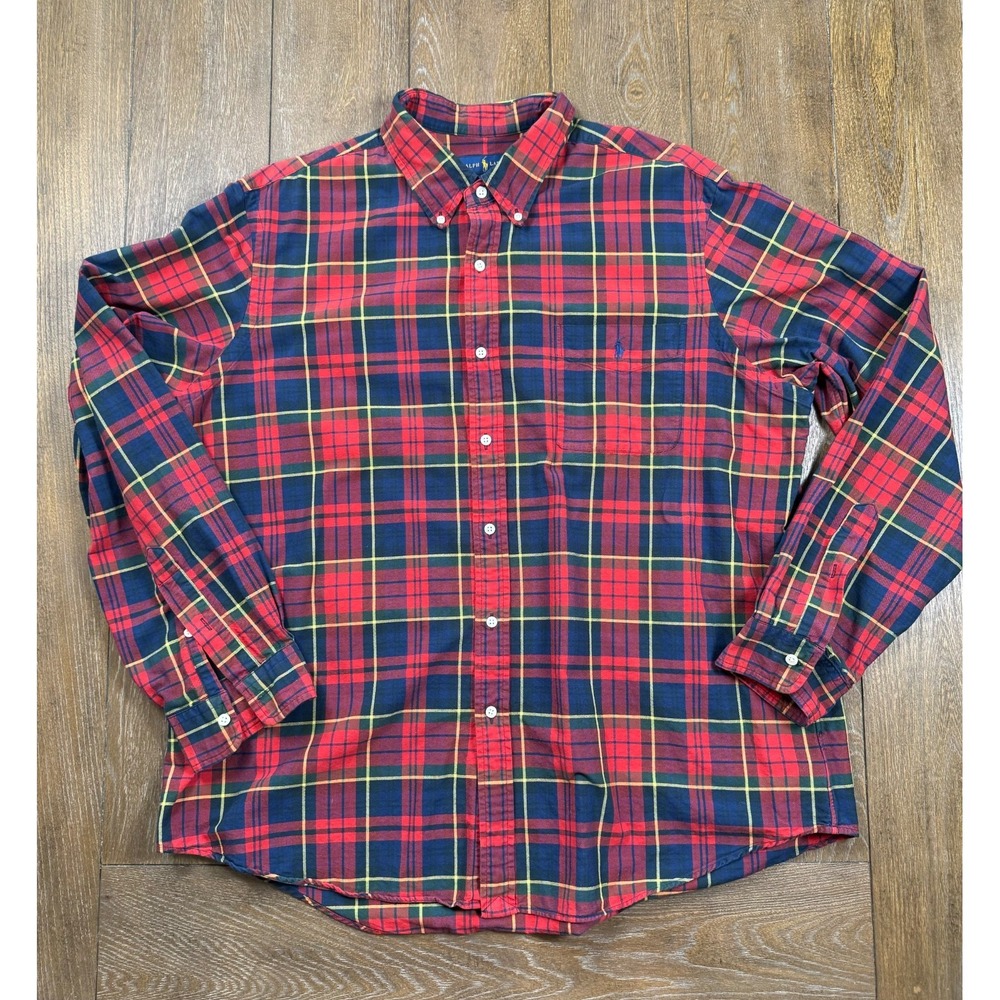 Ralph Lauren Men XXL Tartan Plaid Button Down Shirt Red Navy Green Pony 3236